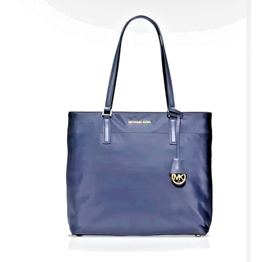 Michael Kors Morgan Large Tote Navy Blue Nylon Leather Shoulder Bag Preppy